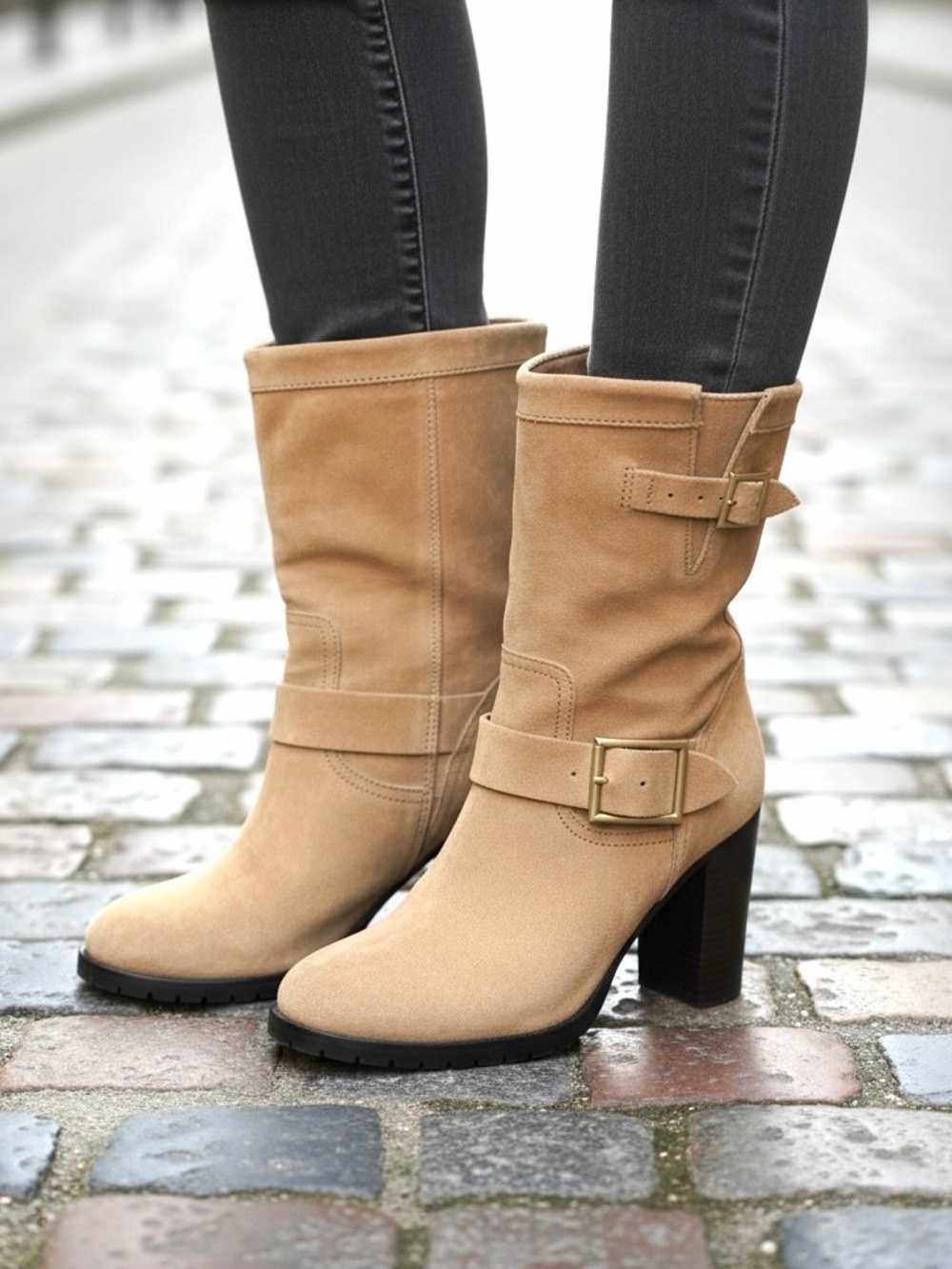 Jimmy Choo Dart Latte Tan Brown Suede Mid-Calf Buckle Fall Heel Boots Size 9.5